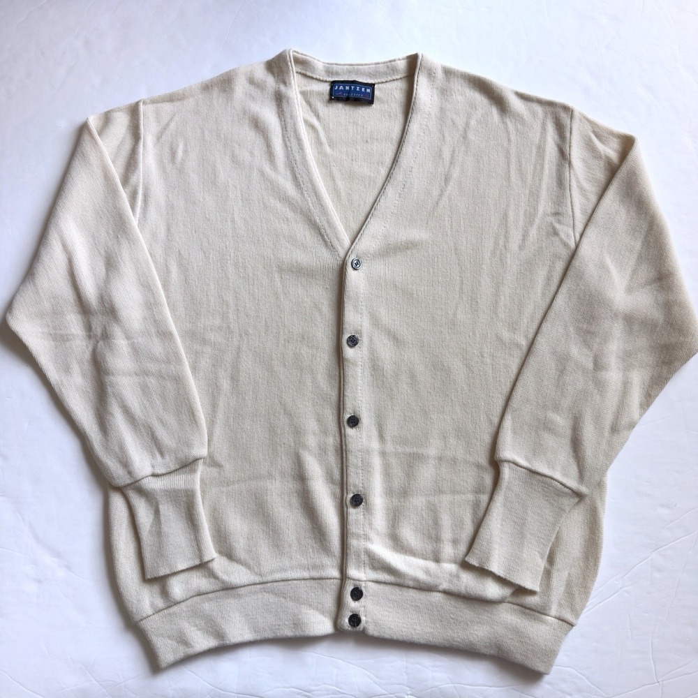 Vintage Jantzen Classics V Neck Cardigan Sweater Mens XXL Cream Grandpa Knit USA